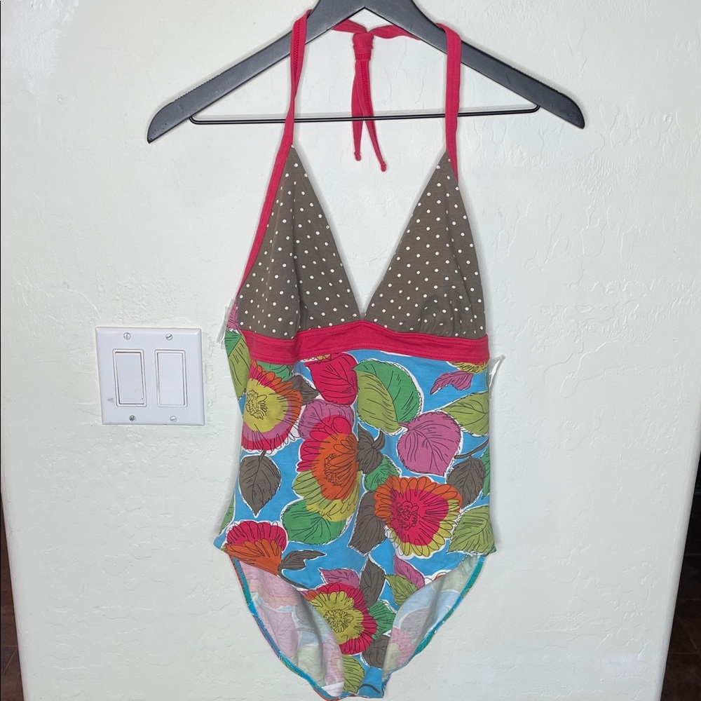 BODEN Size 14 Floral Halter Swimsuit with Polka Dot Top